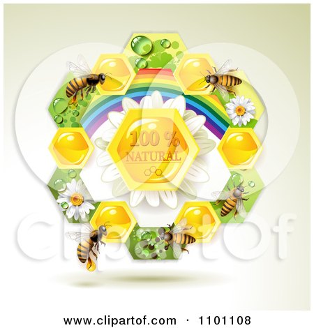 Clipart Honey Bees Over Natural Honeycombs In A Rainbow Floral Frame 3 - Royalty Free Vector Illustration by merlinul