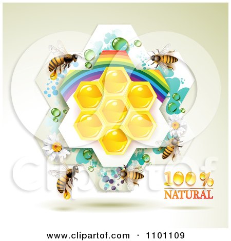 Clipart Honey Bees Over Natural Honeycombs In A Rainbow Floral Frame 1 - Royalty Free Vector Illustration by merlinul
