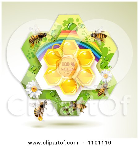 Clipart Honey Bees Over Natural Honeycombs In A Rainbow Floral Frame 2 - Royalty Free Vector Illustration by merlinul