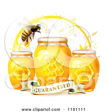 Clipart Honey Bee Over Three Natural Jars Of Honey And A Guaranteed Banner - Royalty Free Vector Illustration by merlinul