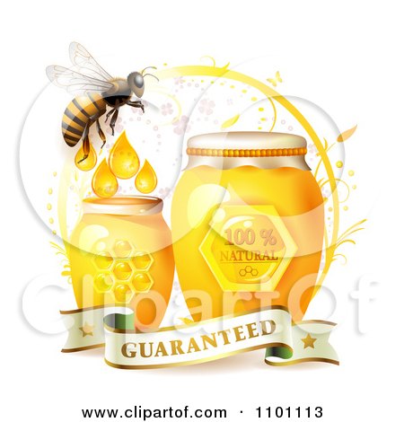 Clipart Honey Bee With Jars Of Honey And A Guaranteed Banner - Royalty Free Vector Illustration by merlinul
