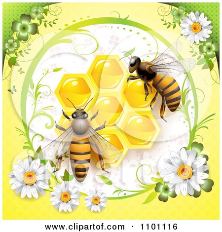 Clipart Honey Bees Over Honeycombs In A Diasy Frame On Yellow - Royalty Free Vector Illustration by merlinul