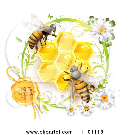 Clipart Honey Bees Over Honeycombs With A Daisy With A Natural Wax Seal - Royalty Free Vector Illustration by merlinul