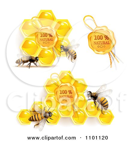 Clipart Honey Bees With Natural Honeycombs And Wax Seal - Royalty Free Vector Illustration by merlinul