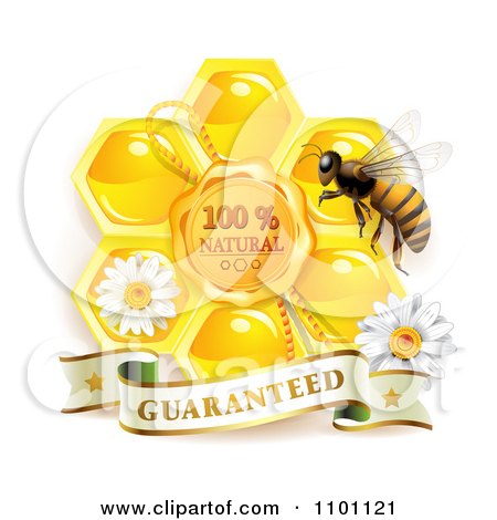 Clipart Honey Bee With A Natural Honeycomb And Guaranteed Banner - Royalty Free Vector Illustration by merlinul