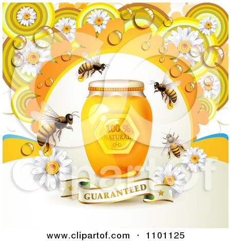 Clipart Honey Bees With A Jar Dew And Daisies Over A Guaranteed Banner - Royalty Free Vector Illustration by merlinul