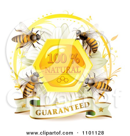 Clipart Honey Bees Over A Honeycomb Daisy With A Natural Guarantee Seal And Banner - Royalty Free Vector Illustration by merlinul