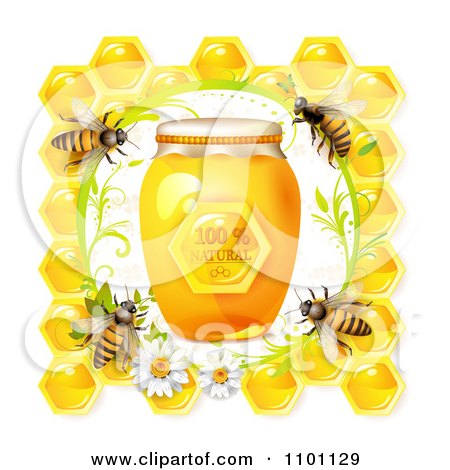Clipart Bees Over Honeycombs With A Daisy Frame And Jar Of Natural Honey - Royalty Free Vector Illustration by merlinul