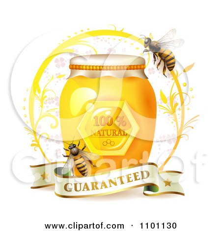 Clipart Honey Bees Over A Jar With A Guaranteed Banner - Royalty Free Vector Illustration by merlinul