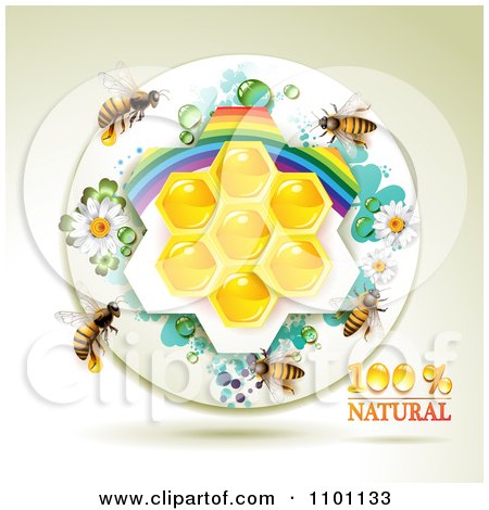 Clipart Honey Bees Over Natural Honeycombs In A Round Rainbow Floral Frame 3 - Royalty Free Vector Illustration by merlinul