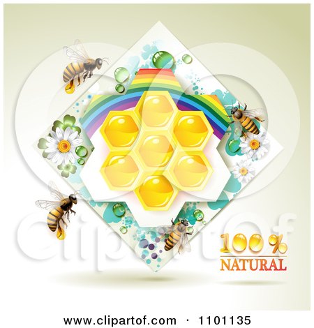 Clipart Honey Bees Over Natural Honeycombs In A Diamond Rainbow Floral Frame 3 - Royalty Free Vector Illustration by merlinul