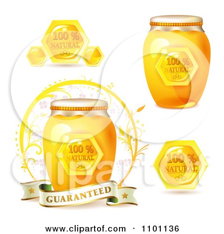 Clipart Jars And Combs Of Honey With Natural Guarantees - Royalty Free Vector Illustration by merlinul