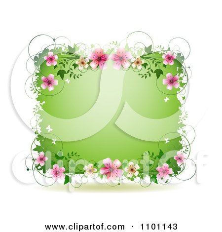 Clipart Green Spring Time Frame With Butterflies Vines And Pink Blossoms - Royalty Free Vector Illustration by merlinul