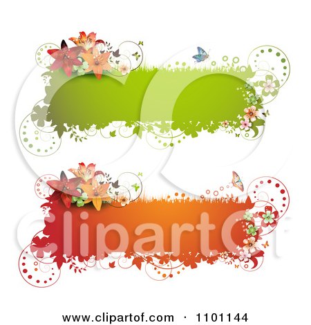 Clipart Green And Orange Floral Vine Butterfly Banner Frames - Royalty Free Vector Illustration by merlinul