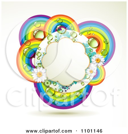 Clipart White Floral Shaped Frame Over Dewy Rainbow Circles - Royalty Free Vector Illustration by merlinul