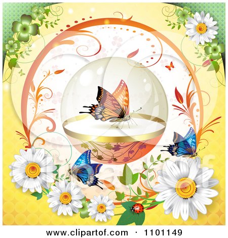 Clipart Circular Butterfly Dome Vine Frame With Daisies And Ladybug On Orange - Royalty Free Vector Illustration by merlinul