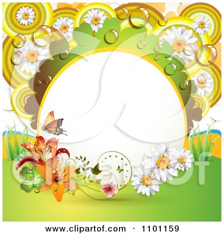 Clipart Butterfly With Daisies Lilies Clovers Dew And A Circle Frame - Royalty Free Vector Illustration by merlinul