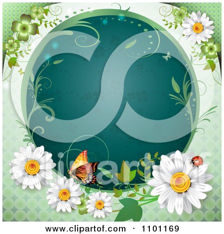 Clipart Circular Blue Clover Patterned Vine Frame With A Butterfly Ladybug And Daisies - Royalty Free Vector Illustration by merlinul