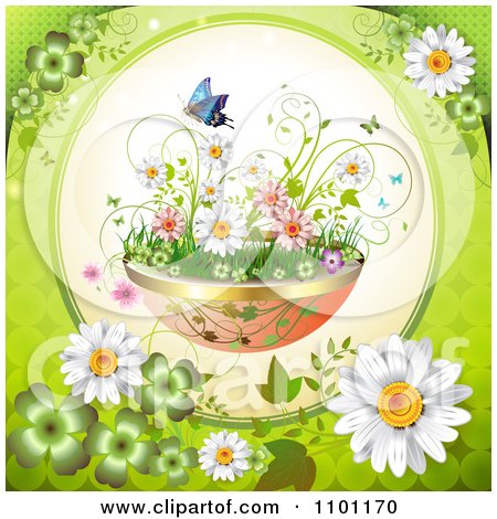 Clipart Circular Potted Flowers And Butterfly Frame With Daisies On Green - Royalty Free Vector Illustration by merlinul