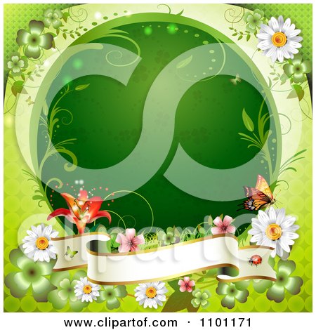 Clipart Circular Green Clover Patterned Vine Frame With A Butterfly And Flowers And Banner - Royalty Free Vector Illustration by merlinul