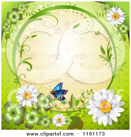 Clipart Circular Clover Patterned Vine Frame With A Butterfly And Daisies - Royalty Free Vector Illustration by merlinul