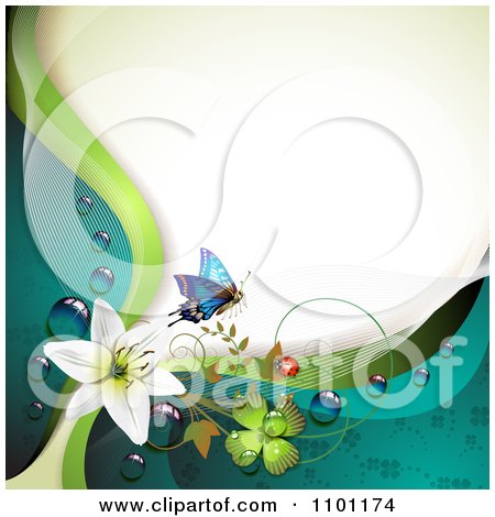 Clipart Blue Butterfly And Ladybug With A White Lily Vines And Clover With Dew On Green White And Turquoise - Royalty Free Vector Illustration by merlinul