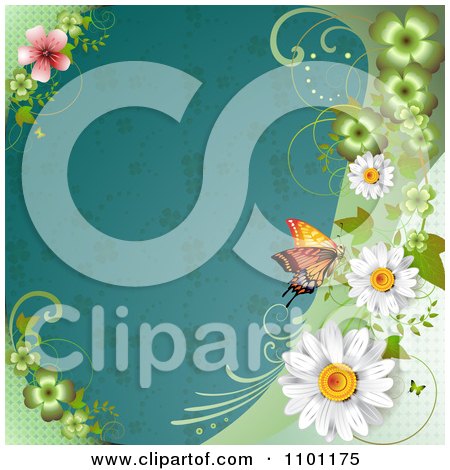 Clipart Butterfly Clovers And Flowers Over A Turquoise Clover Pattern - Royalty Free Vector