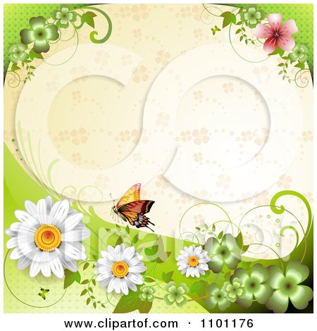 Clipart Orange Butterfly And Daisies Over A Beige Clover Pattern - Royalty Free Vector Illustration by merlinul
