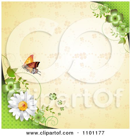 Clipart Orange Butterfly Daisy And Clovers Over A Beige Clover Pattern - Royalty Free Vector Illustration by merlinul