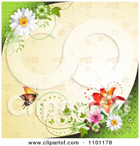 Clipart Orange Butterfly And Flowers Over A Beige Clover Pattern - Royalty Free Vector Illustration by merlinul