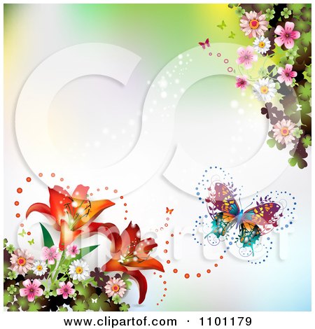 Clipart Butterfly With Lilies And Blossoms On Gradient - Royalty Free Vector Illustration by merlinul