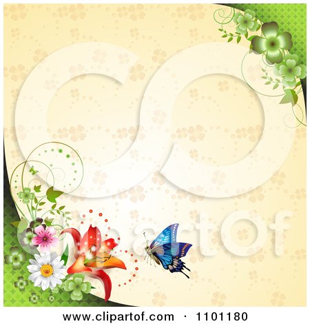 Clipart Blue Butterfly And Flowers Over A Beige Clover Pattern - Royalty Free Vector Illustration by merlinul