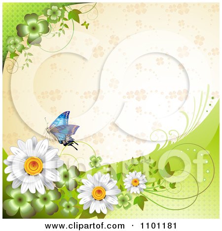 Clipart Blue Butterfly And Daisies Over A Beige Clover Pattern - Royalty Free Vector Illustration by merlinul