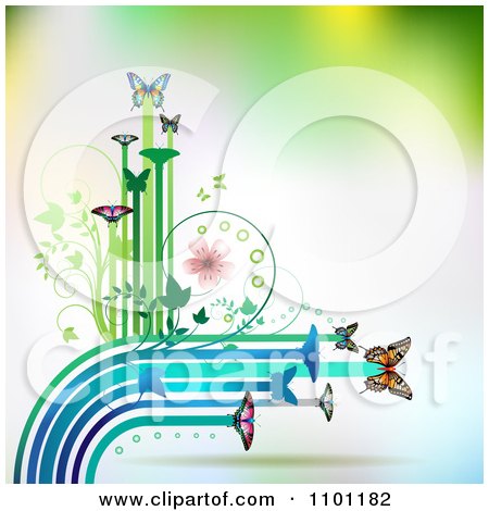 Clipart Butterflies With Vines And Color Trails On Gradient 3 - Royalty Free Vector Illustration by merlinul