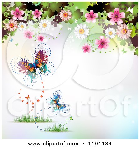 Clipart Butterflies With Blossoms And Clovers On Blue - Royalty Free Vector Illustration by merlinul