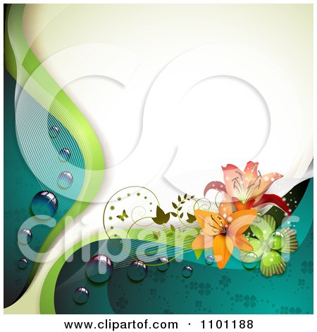 Clipart Teal Clover Pattern With Green And White Waves Vines And Flowers Over White - Royalty Free Vector Illustration by merlinul