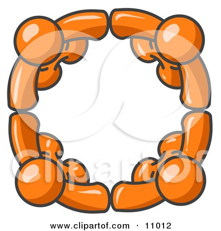Four Orange People Standing in a Circle and Holding Hands For Teamwork and Unity Clipart Illustration by Leo Blanchette