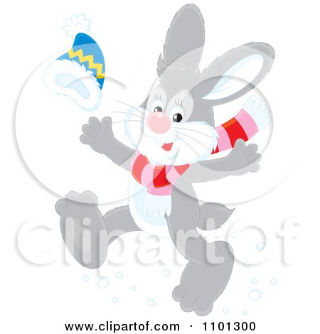 Clipart Happy Gray Rabbit Running With A Winter Hat And Scarf - Royalty Free Vector Illustration by Alex Bannykh