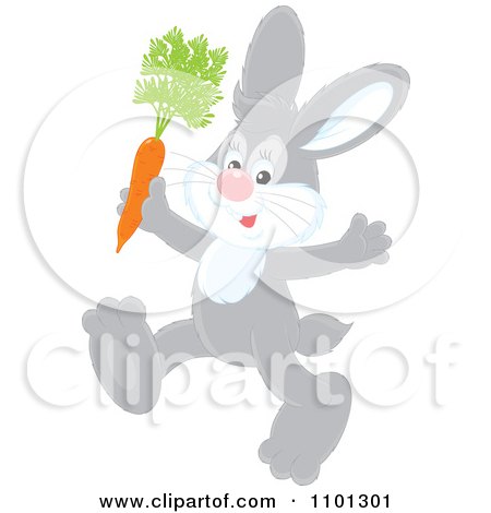 Clipart Happy Gray Rabbit Running With A Carrot - Royalty Free Vector Illustration by Alex Bannykh