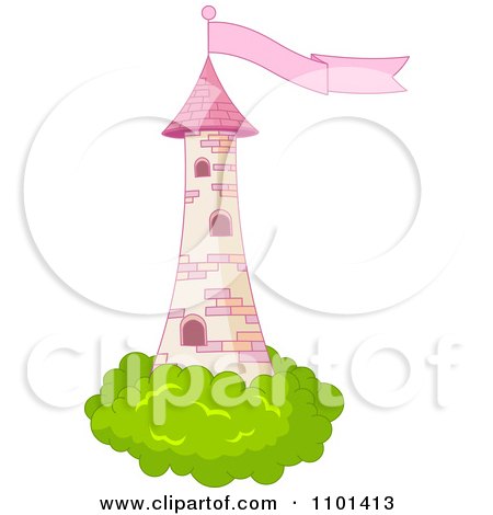 Clipart Pink Fairy Tale Tower With Bushes And A Flag - Royalty Free Vector Illustration by Pushkin