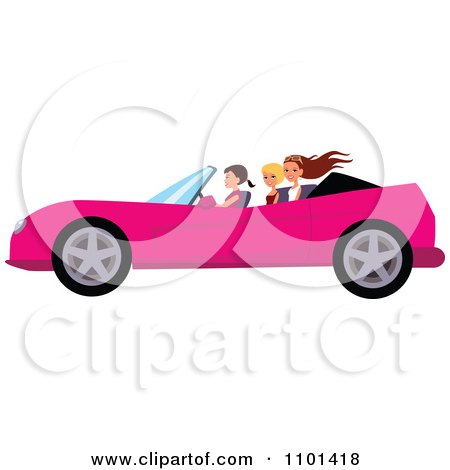 Clipart Happy Woman Driving A Pink Convertible With Her Friends In The Back Seat - Royalty Free Vector Illustration by Monica