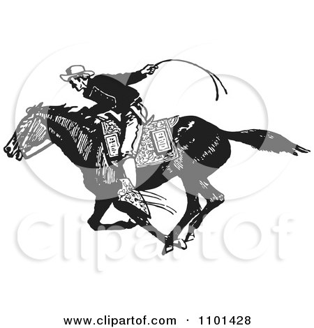 Clipart Retro Black And White Cowboy On A Fast Horse - Royalty Free Vector Illustration by BestVector