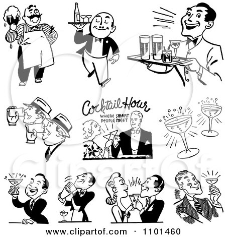 Clipart Retro Black And White Cocktail Hour Scenes - Royalty Free Vector Illustration by BestVector
