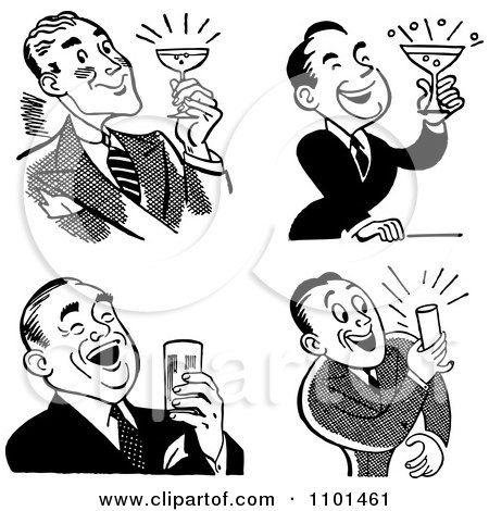 Clipart Retro Black And White Men Laughing And Holding Beers Or Cocktails - Royalty Free Vector Illustration by BestVector