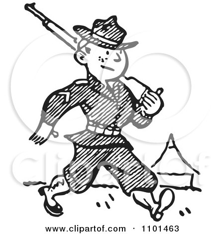 Clipart Retro Black And White Military Soldier Marching With A Firearm - Royalty Free Vector Illustration by BestVector
