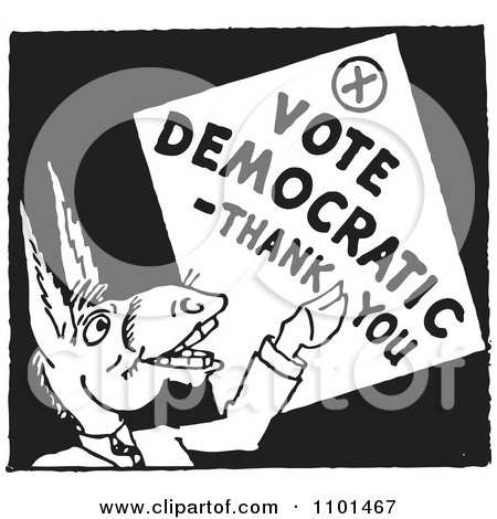 Clipart Retro Black And White Politician Donkey With A Vote Democratic Thank You Sign - Royalty Free Vector Illustration by BestVector