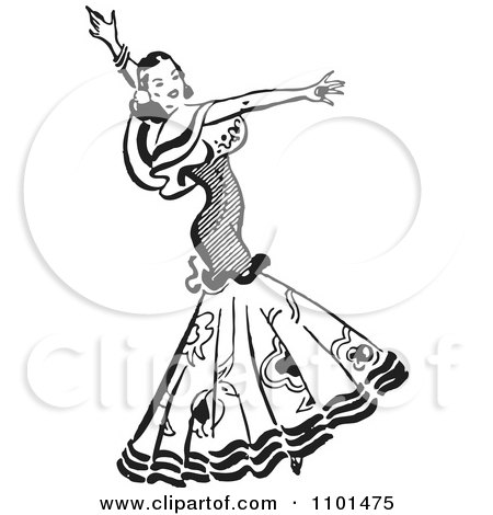 Clipart Retro Black And White Beautiful Mexican Flaminco Dancer - Royalty Free Vector Illustration by BestVector