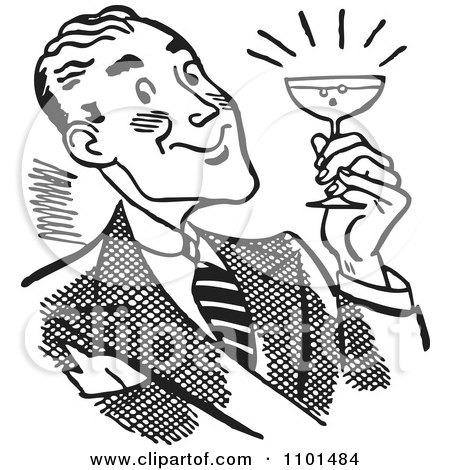 Clipart Retro Black And White Happy Man Smiling And Holding A Cocktail - Royalty Free Vector Illustration by BestVector