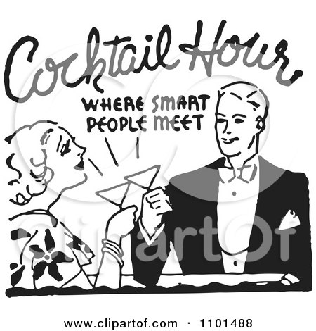 Clipart Retro Black And White Couple Toasting At Cocktail Hour - Royalty Free Vector Illustration by BestVector