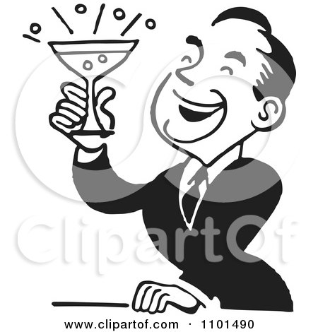 Clipart Retro Black And White Man Smiling And Holding Up A Cocktail - Royalty Free Vector Illustration by BestVector